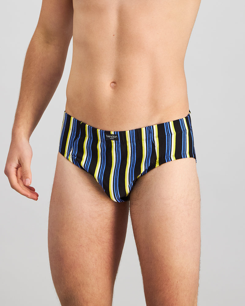 Model wears Cotton Stretch Mens Brief in YELLOW/REGATTA STRIPE. On body front view
