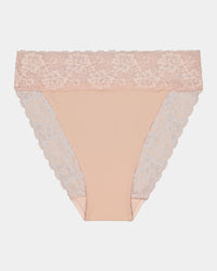Model wears Lace Trim High Cut Brief in LATTE. On body front view