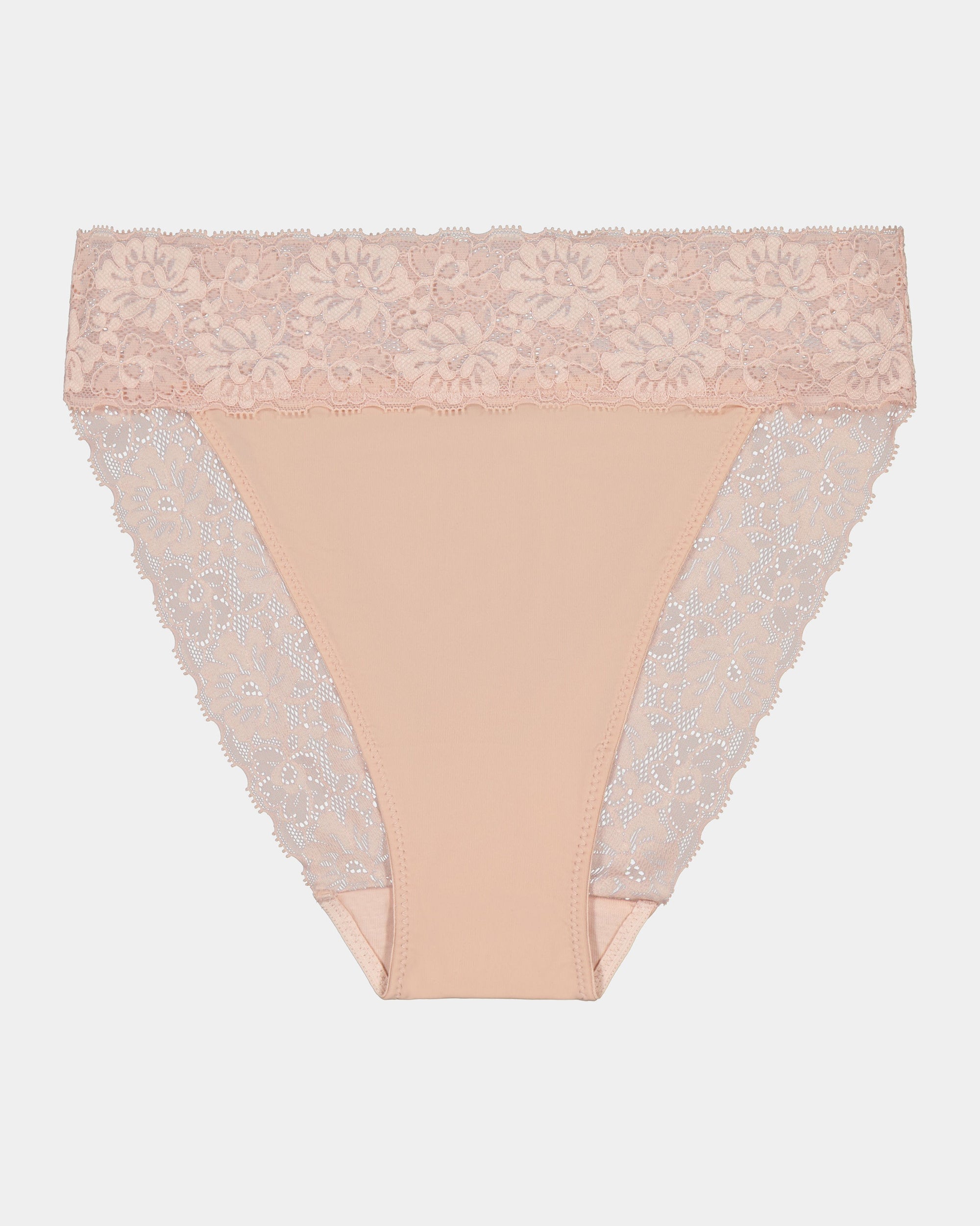 Model wears Lace Trim High Cut Brief in LATTE. On body front view
