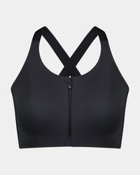 Motion Wire Free Front Opening Bra in BLACK. Flat lay front view