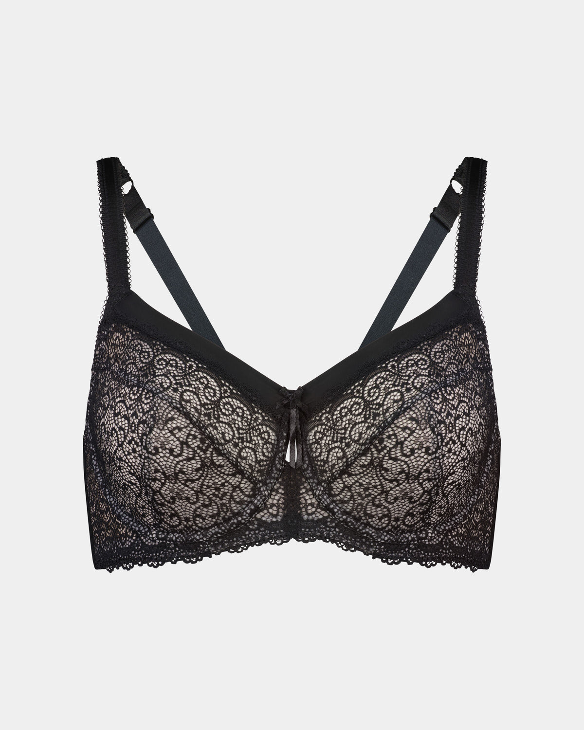 Delicate Lace Underwire Bra in BLACK/CREAM TAN. Flat lay front view