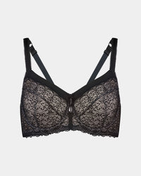 Delicate Lace Underwire Bra in BLACK/CREAM TAN. Flat lay front view