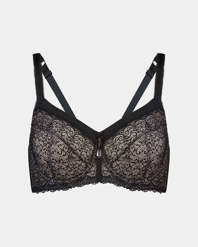 Delicate Lace Underwire Bra in BLACK/CREAM TAN. Flat lay front view
