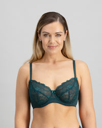 Model wears Felicia Underwire Bra in PONDEROSA PINE. On body front view