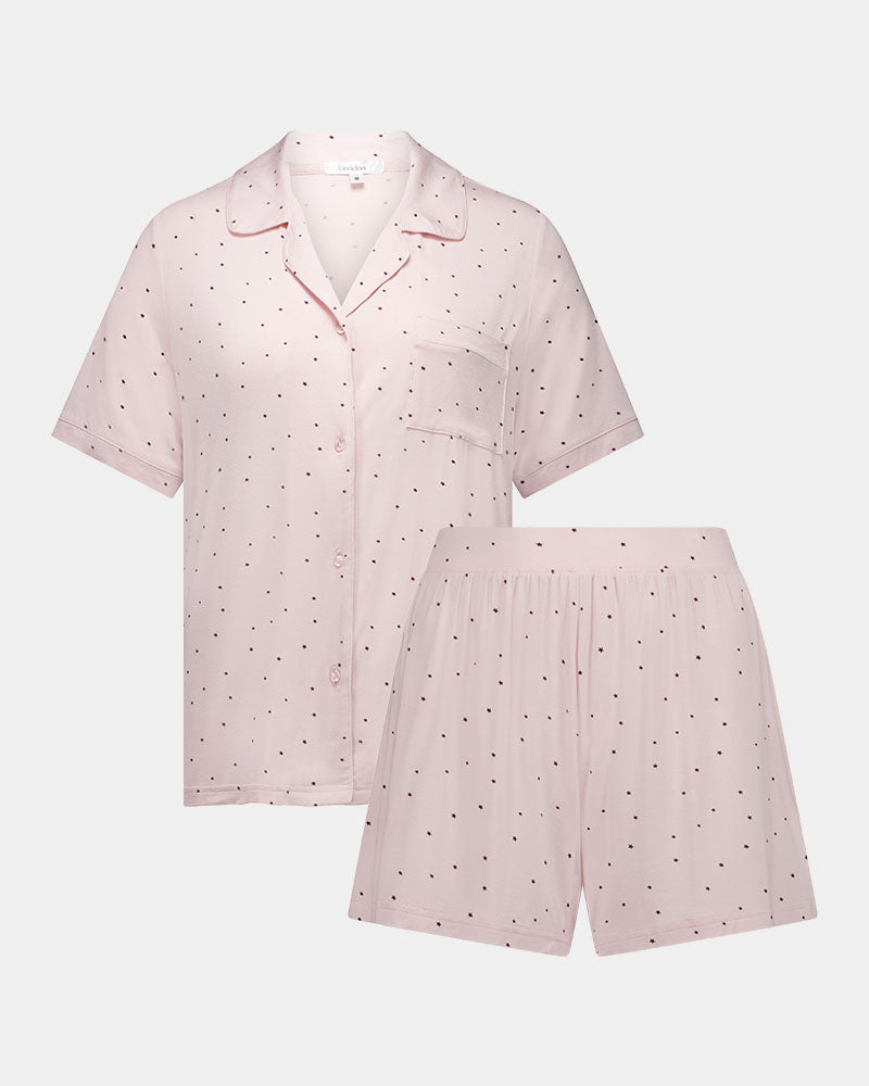 Belle Bamboo Short Pj Set in PALE LILAC/FIG. Flat lay front view