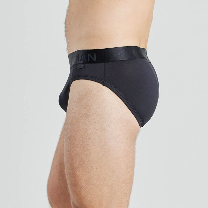 Model wears Bamboo Mens Brief in BLACK. On body side view