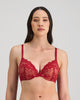 Model wears My Fit Lace Push Up Bra in JESTER RED. On body front view