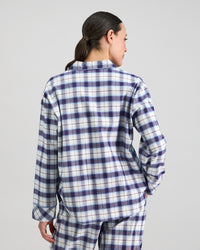 Model wears Cosy Flannel Long Sleeve Pj Top in NAVY BLAZER. On body back view