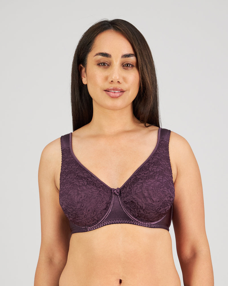 Model wears Charlotte Underwire Bra in PLUM PERFECT. On body front view