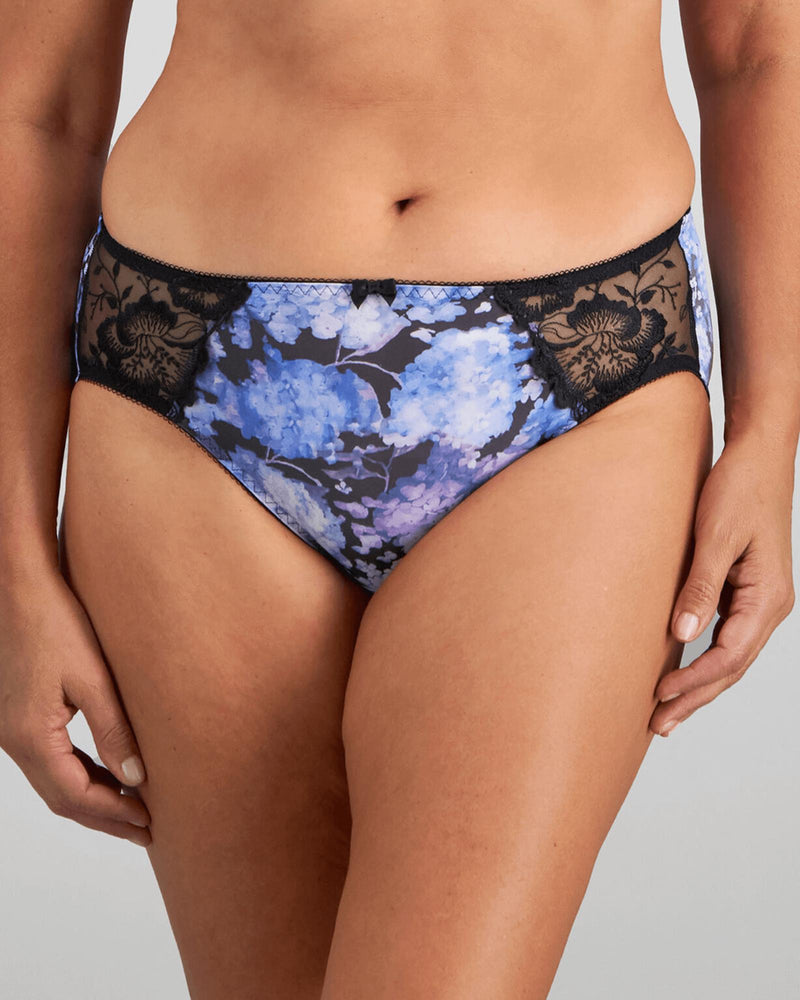 Model wears Wild Violet Full Brief in BLUE HYDRANGEA PRINT. On body front view