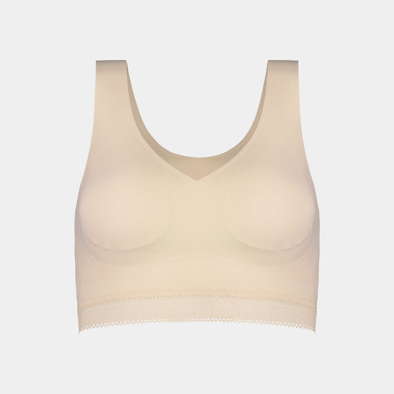 Comfit Collection Crop Top in NOVELLE PEACH. Flat lay front view
