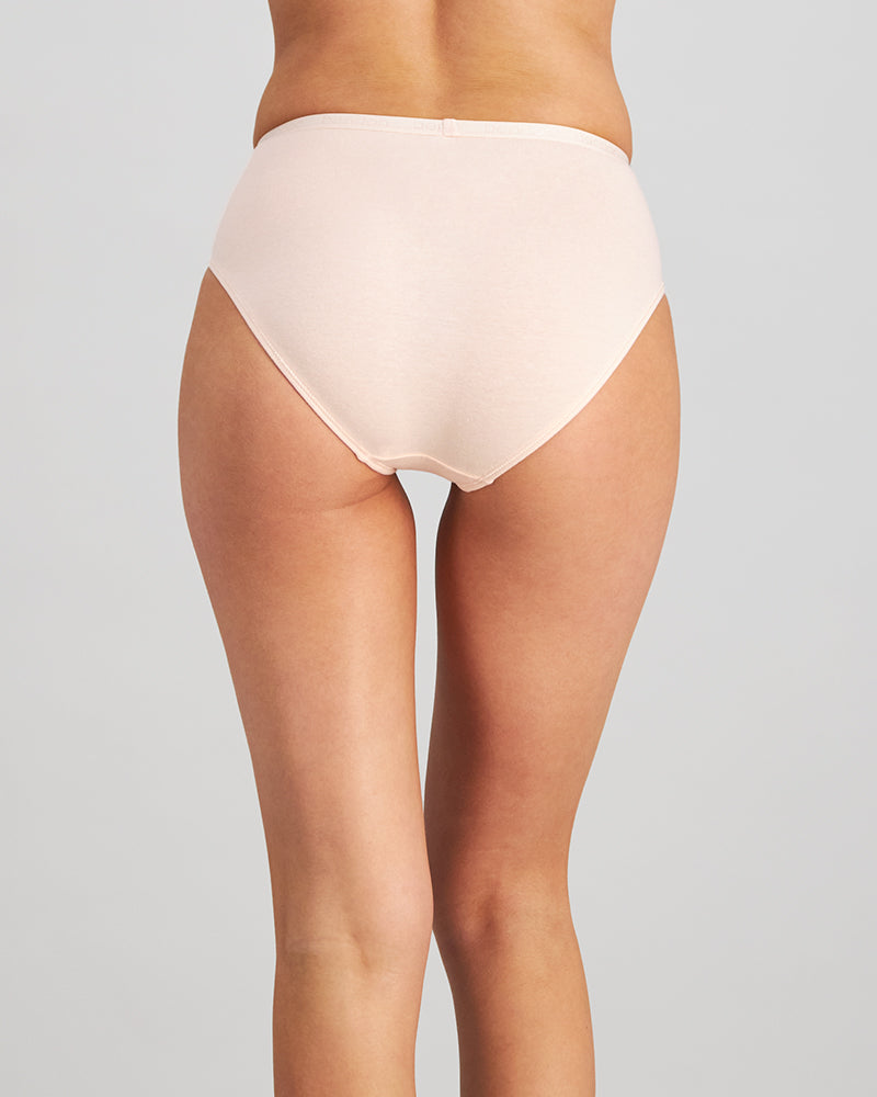 Model wears Body Cotton High Cut Brief Twin Pack in OXBLOOD RED/PEARL BLUSH. On body back view
