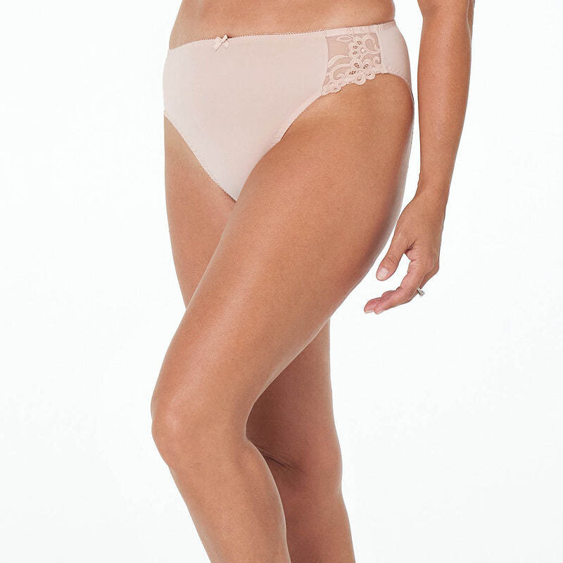 Model wears Coral High Cut Brief in LATTE. On body side view
