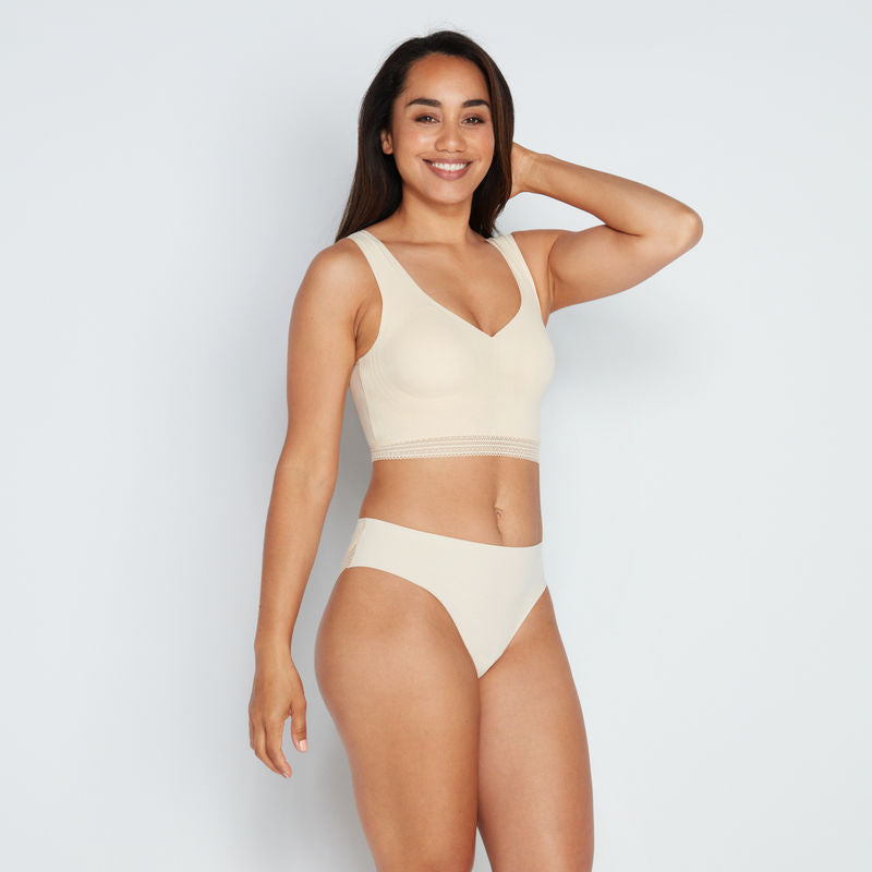 Comfit Collection Crop Top in NOVELLE PEACH. Feature shot