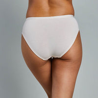 Model wears Body Cotton Bikini Twin Pack in RHUBARB/LINEN. On body back view