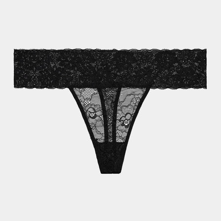 Lace Thong in BLACK. Flat lay front view