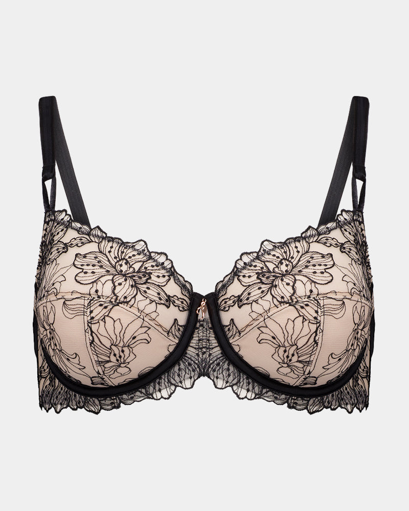Magnetism Underwire Bra in BLACK/LATTE. Flat lay front view