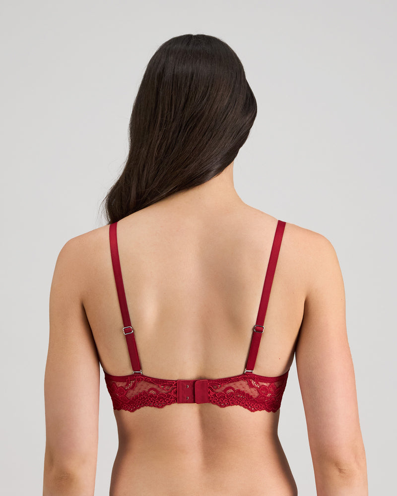 Model wears My Fit Lace Push Up Bra in JESTER RED. On body side view