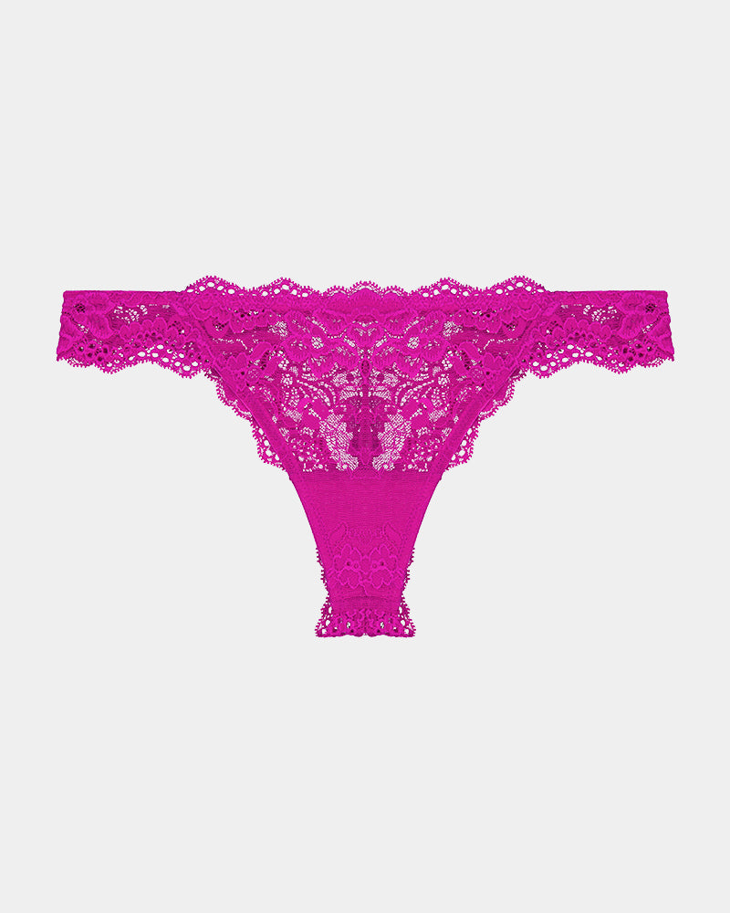 My Fit Lace Thong in FANTASY FUCHSIA. Flat lay front view