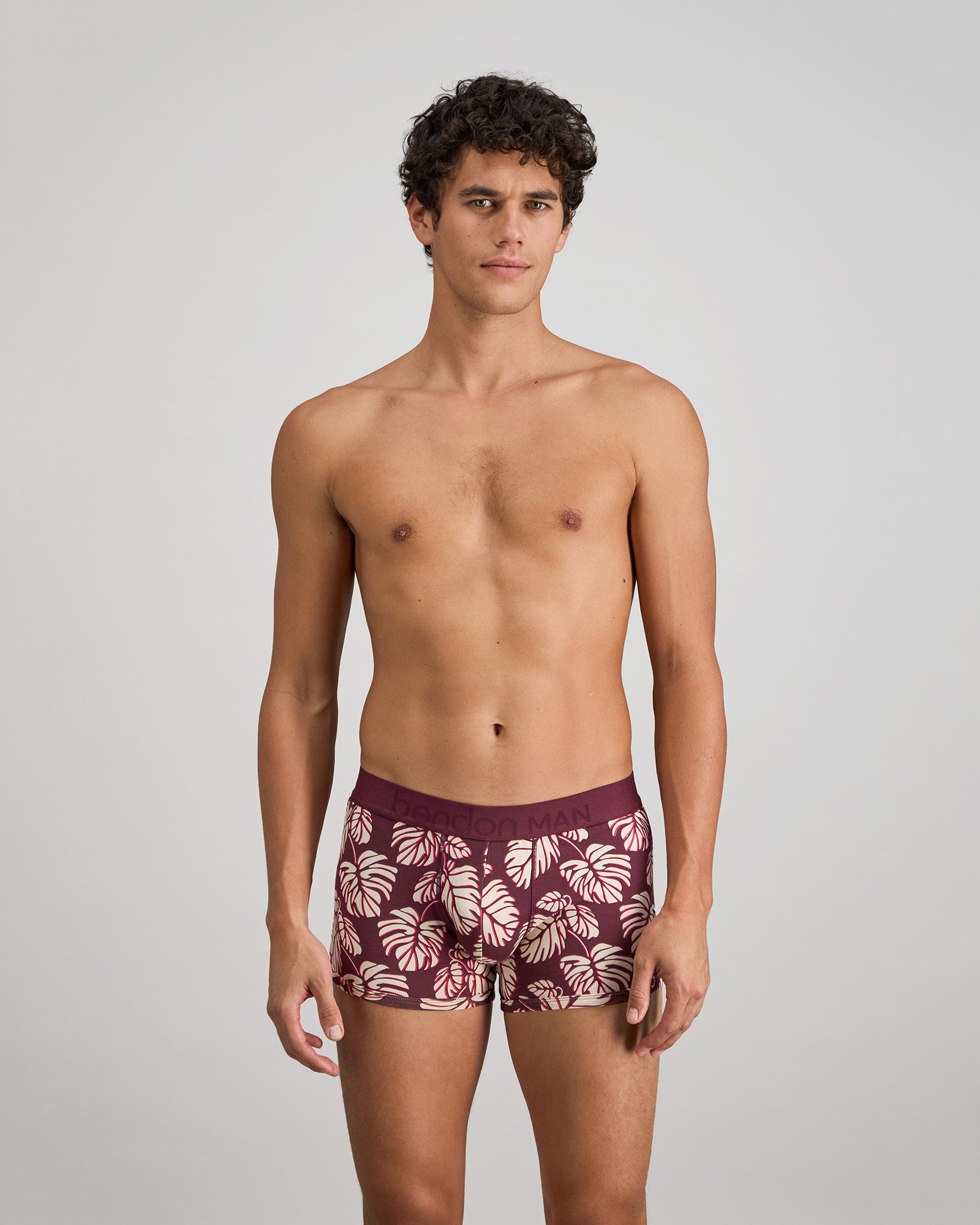 Retros Print Mens Trunk in FIG MONSTERA PRINT. Feature shot