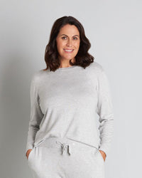 Model wears Insomnia Long Sleeve Top in LIGHT GREY MARLE. On body front view