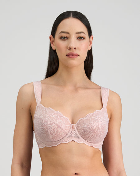 Model wears Midnight Express Underwire Bra in PALE LILAC. On body front view