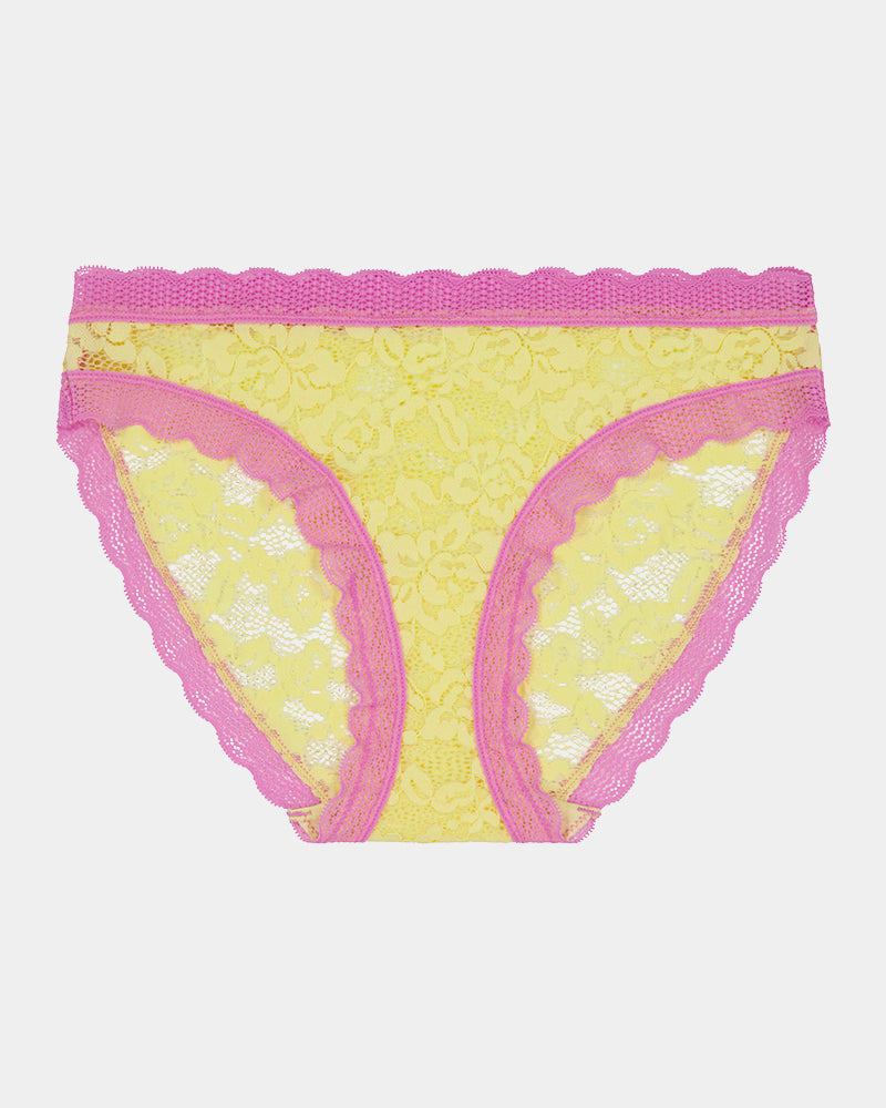 Leo Bikini in LEMON/FUCHSIA PINK. Flat lay front view
