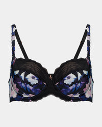 Hypnotise Underwire Bra in BLACK FLORAL PRINT. Flat lay front view