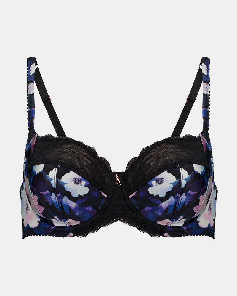 Hypnotise Underwire Bra in BLACK FLORAL PRINT. Flat lay front view