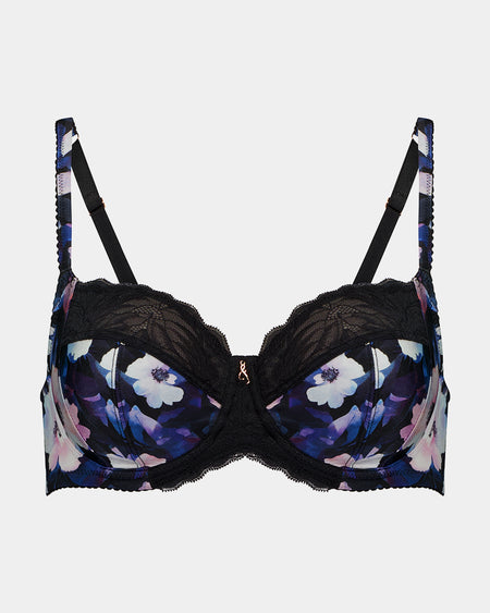 Hypnotise Underwire Bra in BLACK FLORAL PRINT. Flat lay front view