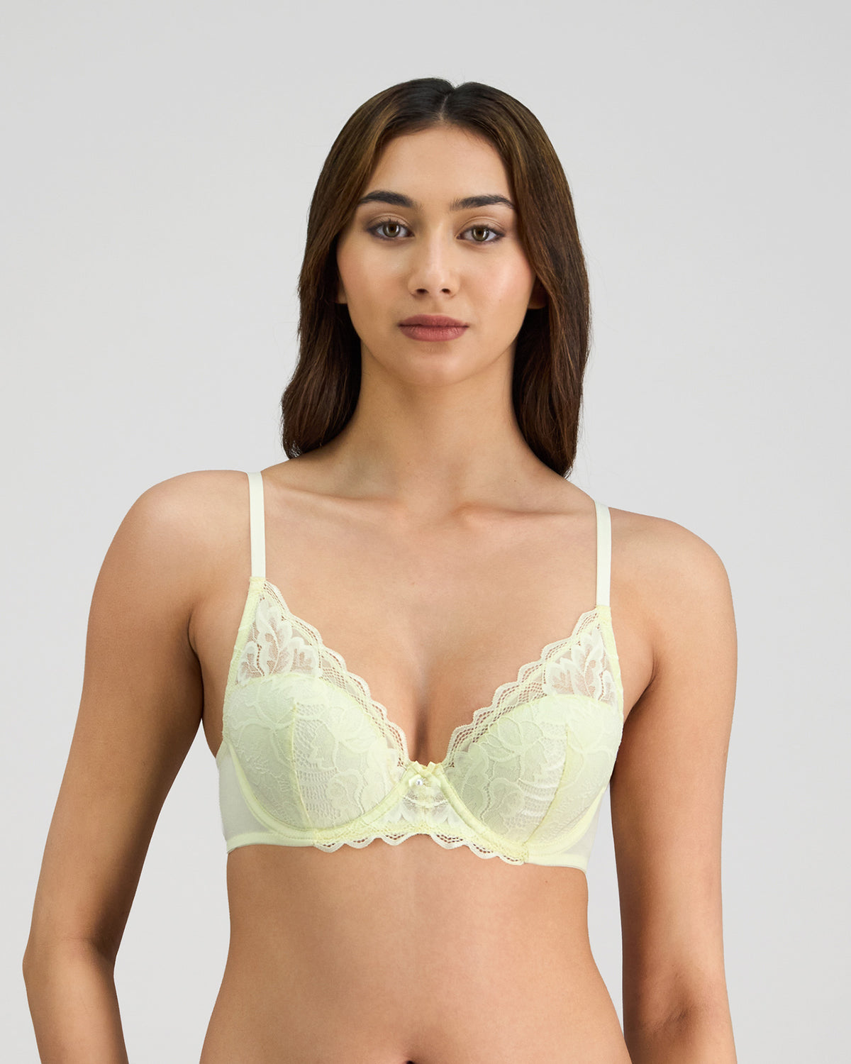 Model wears Embrace Contour Bra in TRANSPARENT YELLOW. On body front view