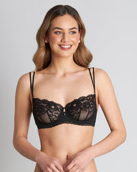 Model wears Delightfully So Underwire Bra in BLACK. On body front view