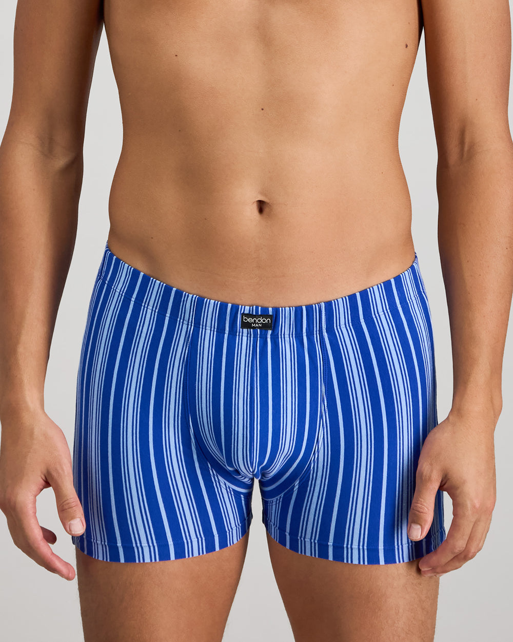 Model wears Cotton Stretch Mens Trunk in SURF THE WEB STRIPE. On body front view
