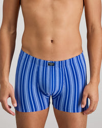 Model wears Cotton Stretch Mens Trunk in SURF THE WEB STRIPE. On body front view