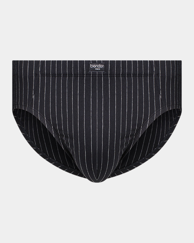 Cotton Stretch Mens Brief in BLACK PINSTRIPE. Flat lay front view