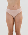 Model wears Cotton And Lace Bikini in LATTE. On body front view
