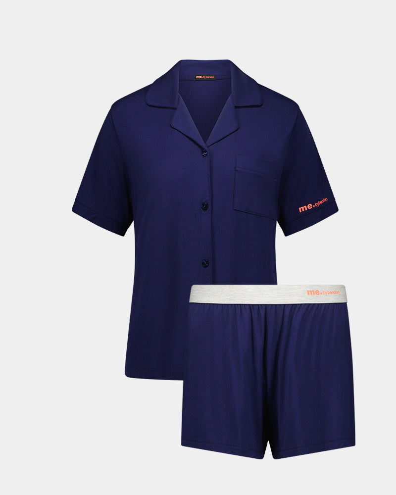 Belle Bamboo Short PJ in EVENING BLUE. Flat lay front view