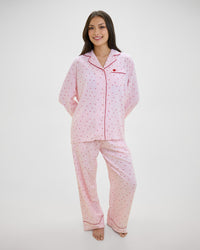 Hearts In Cabana Long Sleeve Pj Top in MINI HEART PRINT. Flat lay front view