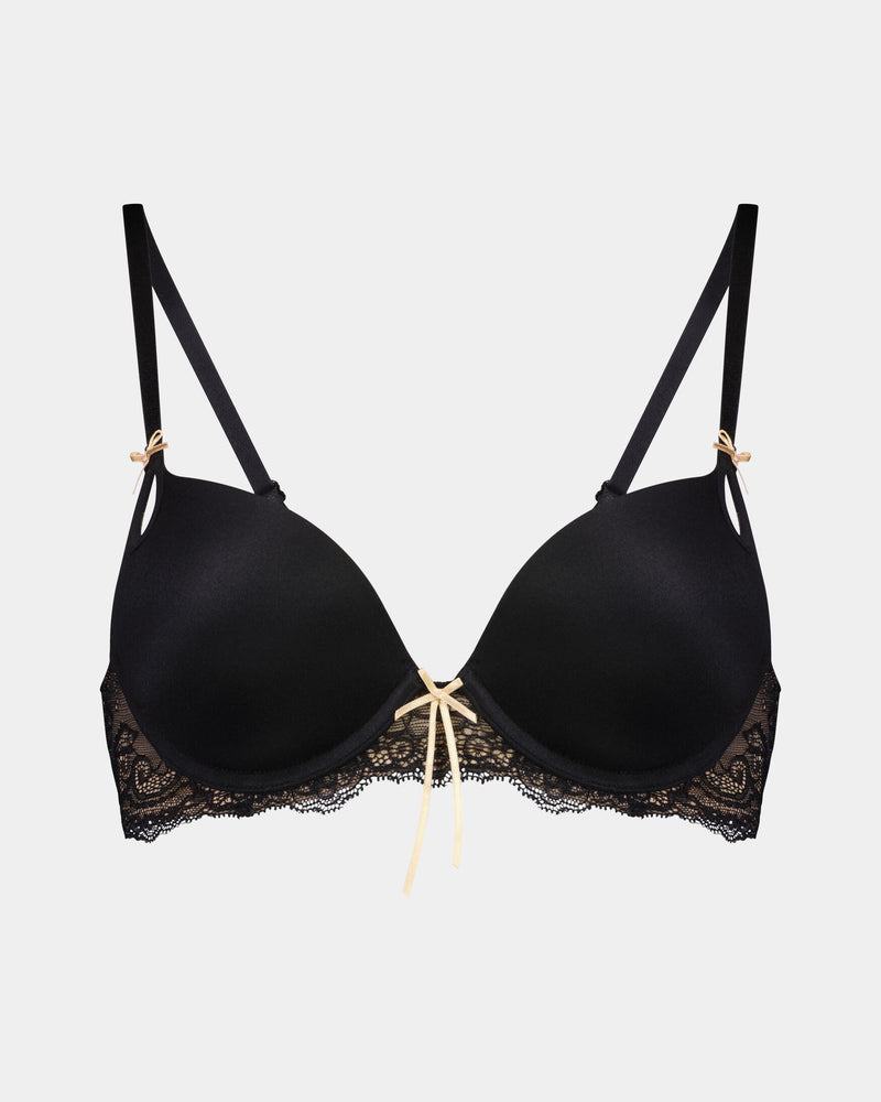 Keyhole Push Up Bra in BLACK/TOASTED ALMOND. Flat lay front view