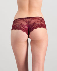 Model wears My Fit Lace Brazilian in WINDSOR WINE. On body back view