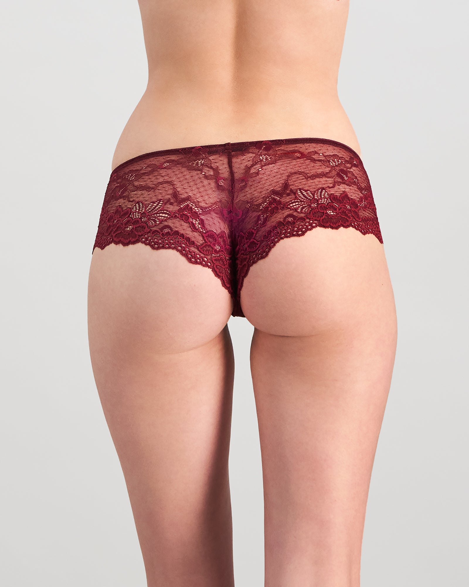 Model wears My Fit Lace Brazilian in WINDSOR WINE. On body back view