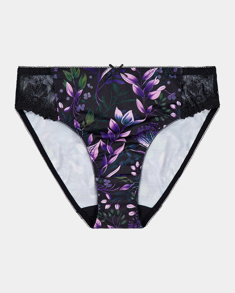 Violet Floral High Cut Brief in FAIRY TALE PRINT. Flat lay front view