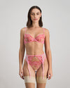 Model wears Josephine Suspender in SACHET PINK. On body front view