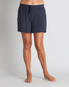 Model wears Sleep-Talk Short in NIGHT SKY. On body front view