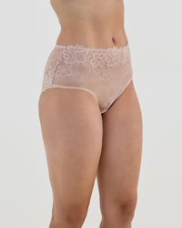 Model wears All Lacey Full Brief in LATTE. On body side view