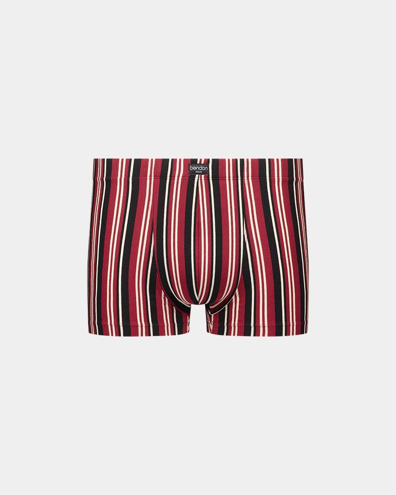 Cotton Stretch Mens Trunk in TIBETAN RED/OATMEAL STRIPE. Flat lay front view