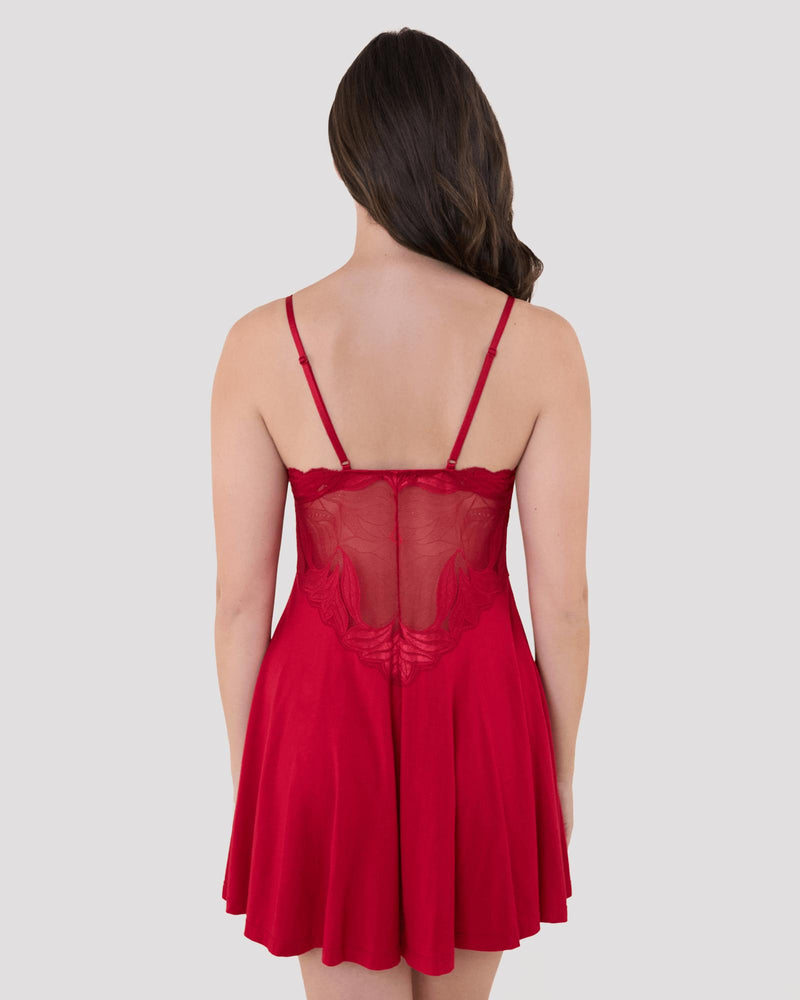 Model wears Siesta Chemise in JESTER RED. On body back view