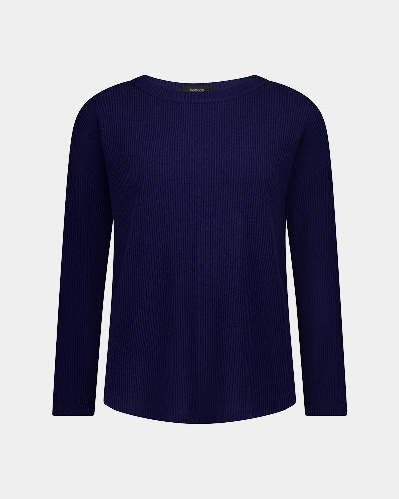 Relaxed Rib Long Sleeve Pj Top in NAVY BLAZER. Flat lay front view