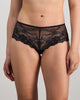 Model wears My Fit Lace Brazilian in BLACK. On body front view
