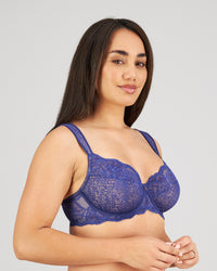 Model wears Midnight Express Underwire Bra in BLUE RIBBON. On body side view